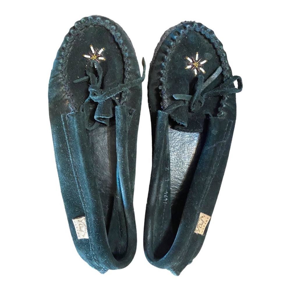 Laurentian chief black suede beaded moccasins.Sz6
